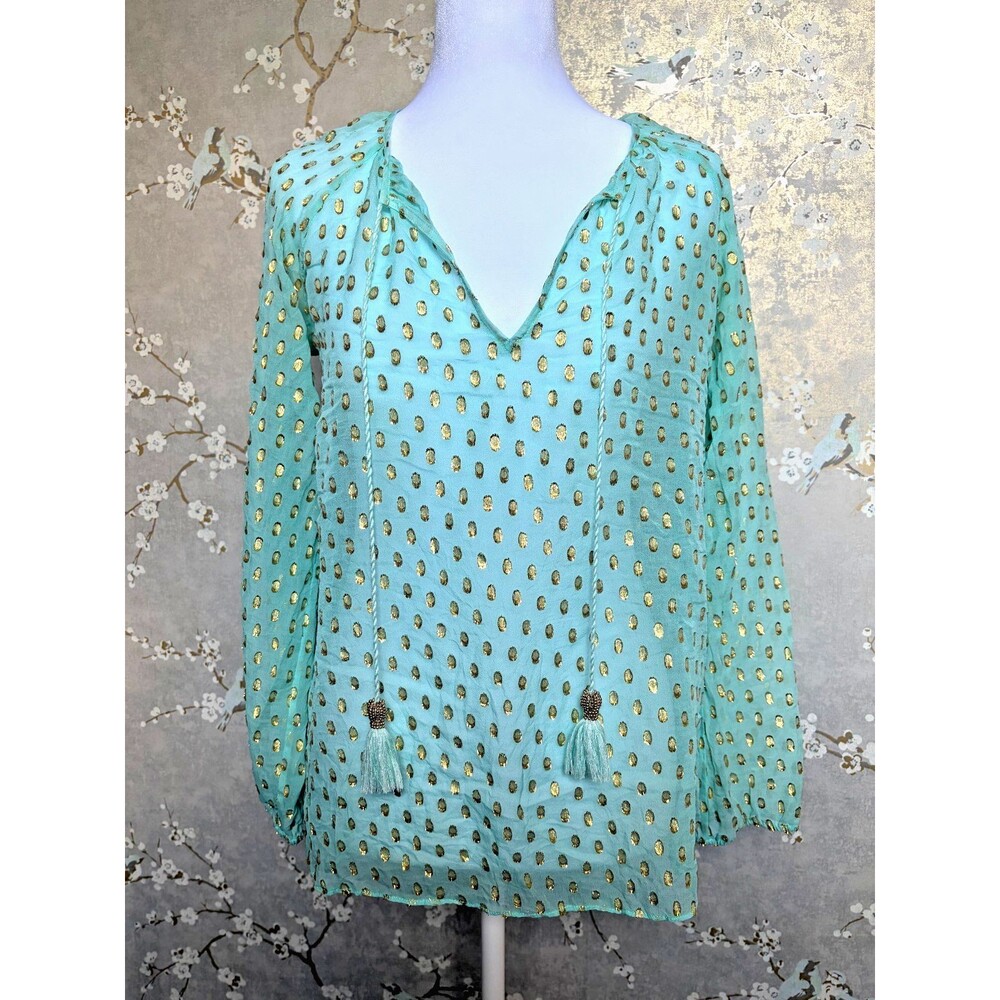 Lilly Pulitzer Rilla Silk Tunic Poolside Blue Mint Gold Metallic Clip Dot Sz XS